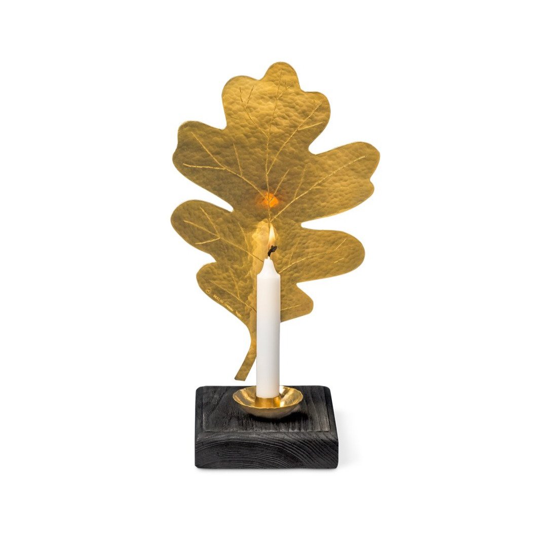 Swedish Brass Oak Leaf Candleholder with Black Base