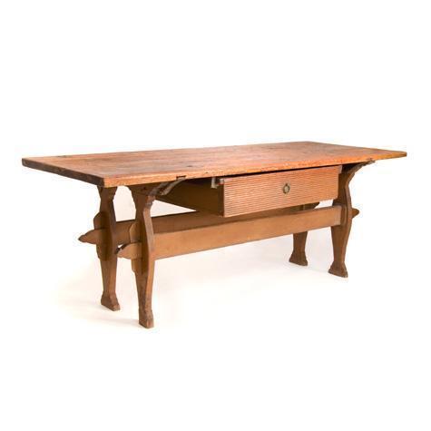 19th C. Swedish Painted Pine Double Trestle Table with Center Drawer Eleish Van Breems Home